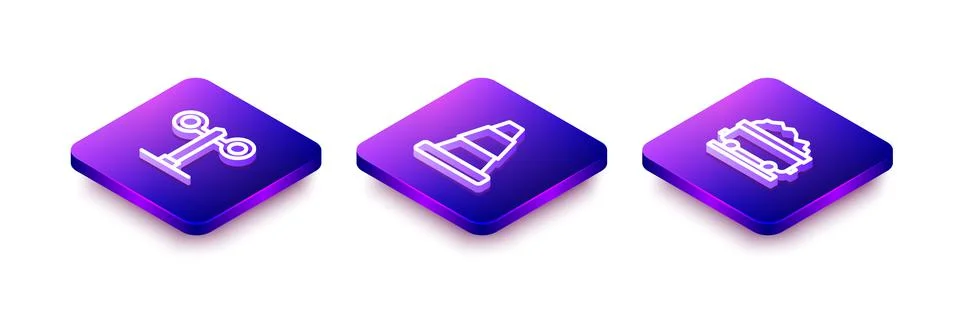 Set Isometric line Train traffic light, Traffic cone and Coal train wagon icon Illustrazione stock