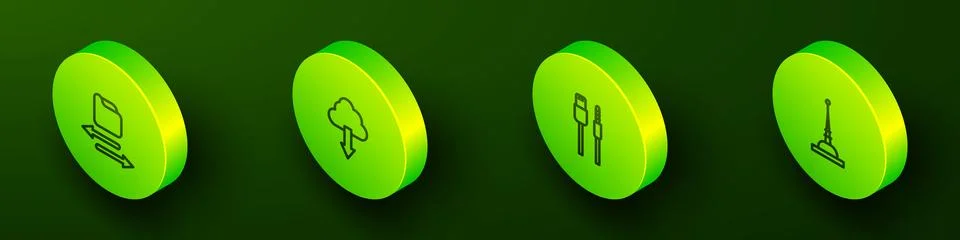 Set Isometric line Transfer files, Cloud download, USB cable cord and Antenna Illustrazione stock