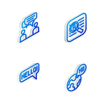 Set Isometric line Translator, Two sitting men talking, Hello different lan.. Stock Illustration