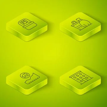 Set Isometric line Trash can, Rising cost of housing, Multi storey building and Ilustración de archivo