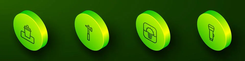 Set Isometric line Trash can, Hammer, Sunrise and Flashlight icon. Vector Stock Illustration
