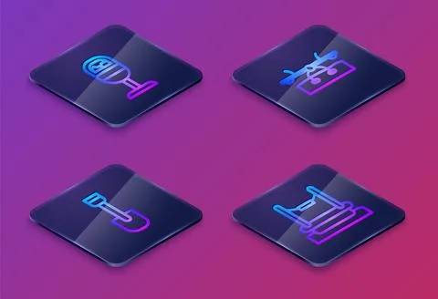 Set Isometric line Trash can, Shovel toy, Seesaw and Bungee. Blue square bu.. Stock Illustration