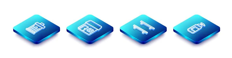 Set Isometric line Trash can, House, Empty wooden shelves and Antibacterial.. Stock Illustration