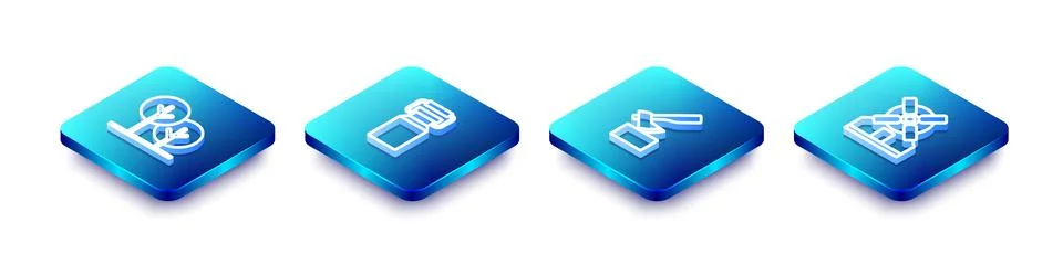 Set Isometric line Tree, Can container for milk, Wooden axe and Windmill ic.. Stock Illustration