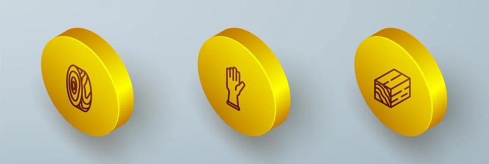 Set Isometric line Tree rings, Protective gloves and Wooden beam icon. Vector Stock Illustration