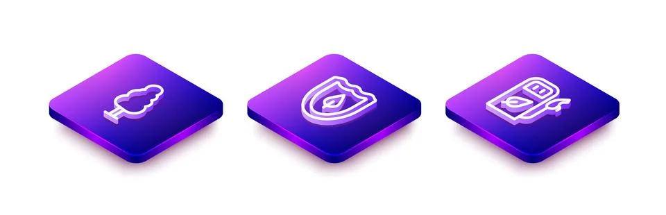 Set Isometric line Tree, Shield with leaf and Petrol or gas station icon. Vector Stock Illustration