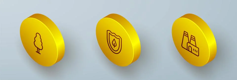 Set Isometric line Tree, Shield with leaf and Factory production icon. Vector Illustrazione stock