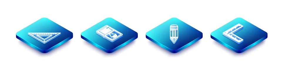 Set Isometric line Triangular ruler, Audio book, Pencil and Folding icon. Vector 스톡 일러스트