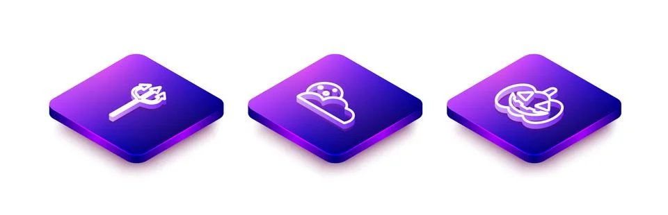 Set Isometric line Trident devil, Moon and stars and Pumpkin icon. Vector Stock Illustration