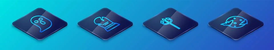 Set Isometric line Trident devil, Ghost, Moon and stars and Tombstone with RIP Stock Illustration