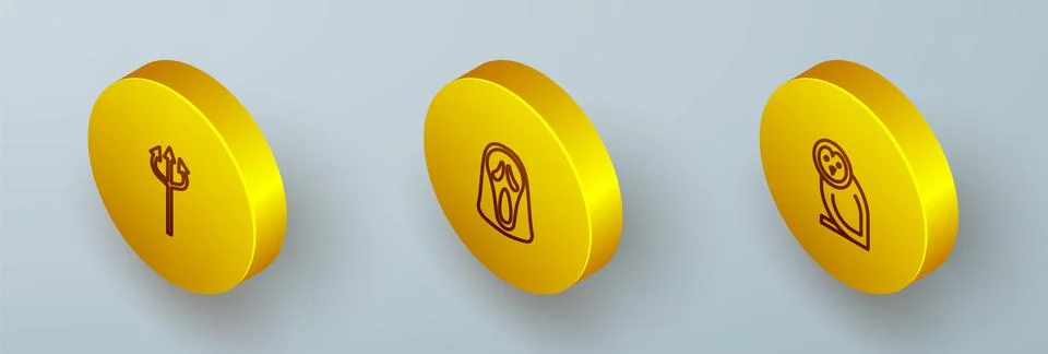 Set Isometric line Trident devil, Funny and scary ghost mask and Owl bird icon Stock Illustration