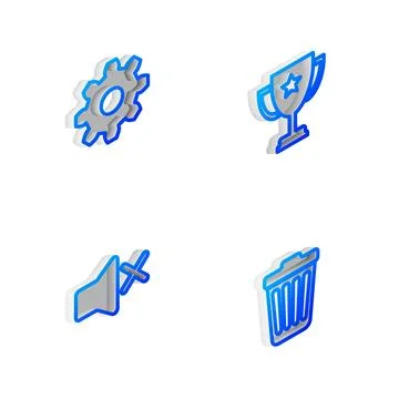 Set Isometric line Trophy cup, Cogwheel gear settings, Speaker mute and Trash Stock Illustration