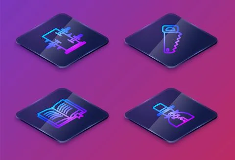 Set Isometric line Trunk for magic tricks, Ancient book, Hand saw and Magician Ilustração Stock