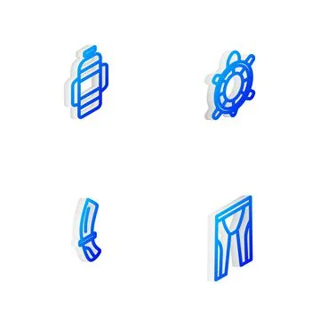 Set Isometric line Turtle, Aqualung, Diving knife and Wetsuit for scuba diving Stock Illustration