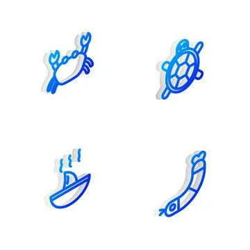 Set Isometric line Turtle, Crab, Shark fin soup and Shrimp icon. Vector 스톡 일러스트