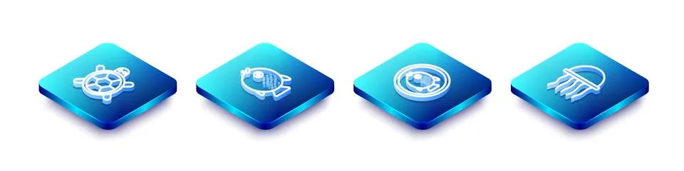 Set Isometric line Turtle, Puffer fish, on a plate and Jellyfish icon. Vector Illustrazione stock