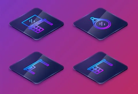 Set Isometric line TV table stand, Office desk, Mirror and . Blue square button Illustration