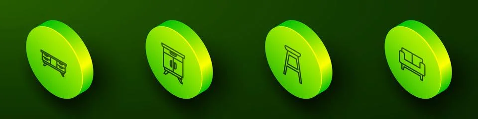 Set Isometric line TV table stand, Furniture nightstand, Chair and Sofa icon Stock Illustration