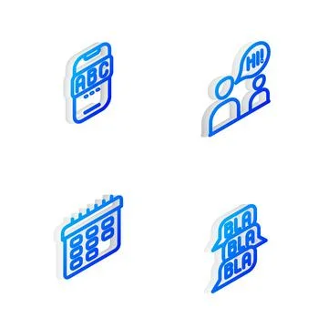 Set Isometric line Two sitting men talking, Foreign language online study, .. Stock-Illustration