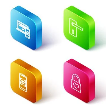 Set Isometric line Two steps authentication, Door handle, Mobile eye scan and イラスト素材