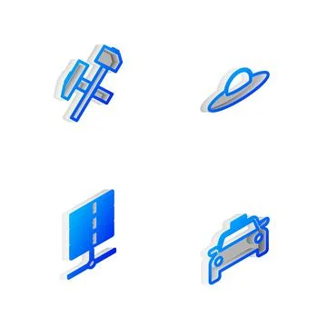 Set Isometric line UFO flying spaceship, Two crossed hammers, Server, Data, Web Stock Illustration
