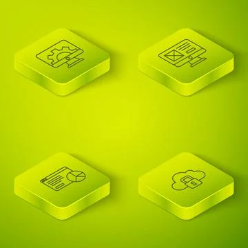 Set Isometric line UI or UX design, Website statistic, Cloud computing lock and Stock Illustration