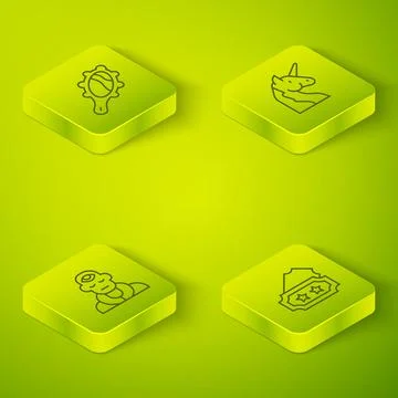 Set Isometric line Unicorn, Wizard warlock, Ticket and Magic hand mirror ic.. Ilustração Stock