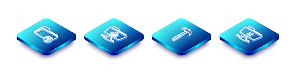 Set Isometric line Unknown directory, FTP folder download, Hammer and cancel  스톡 일러스트