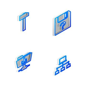 Set Isometric line Unknown document, Hammer, FTP folder download and Computer Stock Illustration