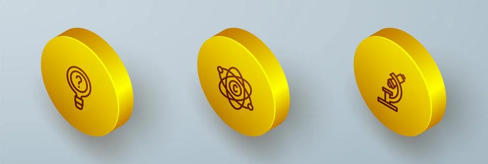 Set Isometric line Unknown search, Atom and Microscope icon. Vector Illustrazione stock