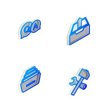 Set Isometric line Upload inbox, Question and Answer, Drawer with documents a Stock Illustration