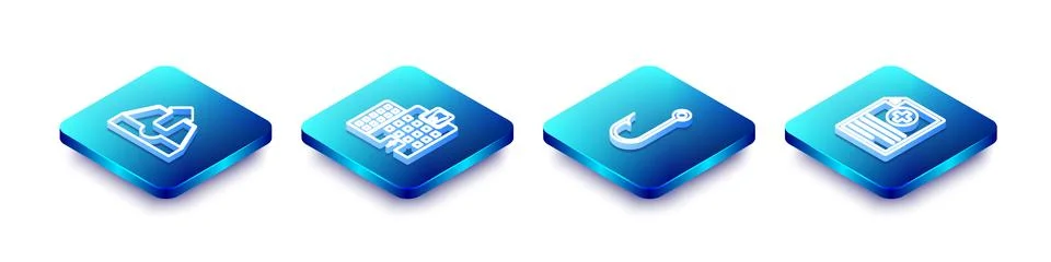 Set Isometric line Upload inbox, Dental clinic, Fishing hook and Clinical rec Stock Illustration