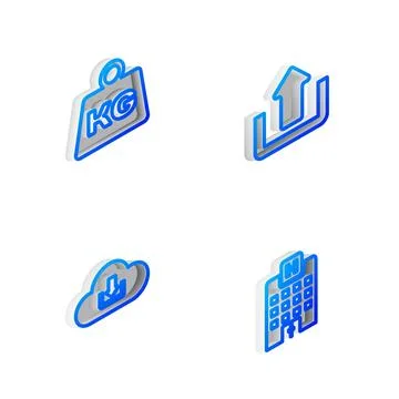 Set Isometric line Upload, Weight, Cloud download and Medical hospital buildi Illustrazione stock