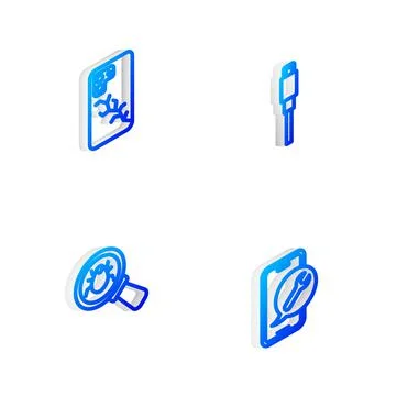 Set Isometric line USB cable cord, Mobile with broken screen, System bug and 库存插图