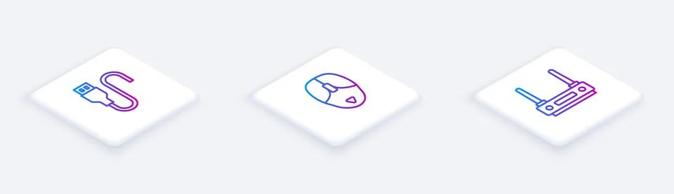 Set Isometric line USB cable cord, Computer mouse and Router and wi-fi signal Illustrazione stock