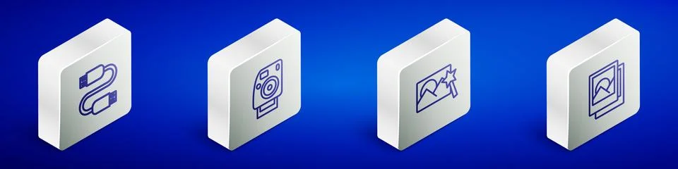 Set Isometric line USB cable cord, Photo camera, retouching and frame icon Stock Illustration