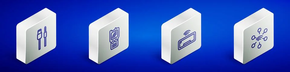 Set Isometric line USB cable cord, Walkie talkie, Computer keyboard and Net.. Stock Illustration