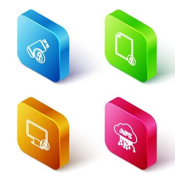 Set Isometric line USB flash drive with lock, Document and, Lock on monitor and イラスト素材