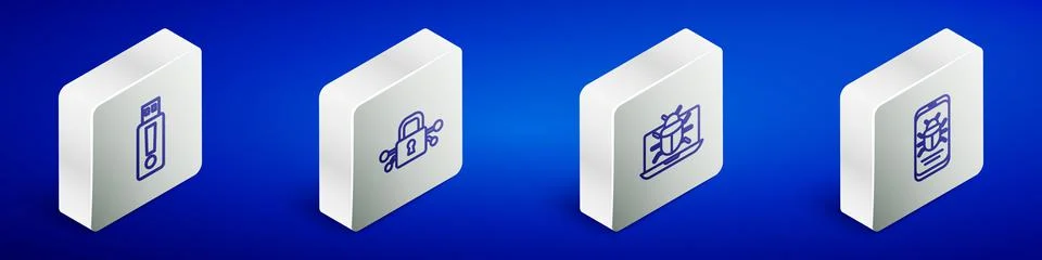 Set Isometric line USB flash drive, Cyber security, System bug on monitor and Illustrazione stock
