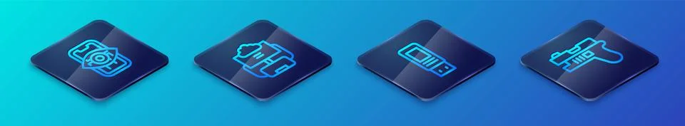 Set Isometric line USB flash drive, Computer vision, Futuristic weapon and Cloud Illustrazione stock