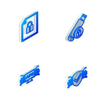 Set Isometric line USB flash drive with lock, Document and, Computer api Stock Illustration