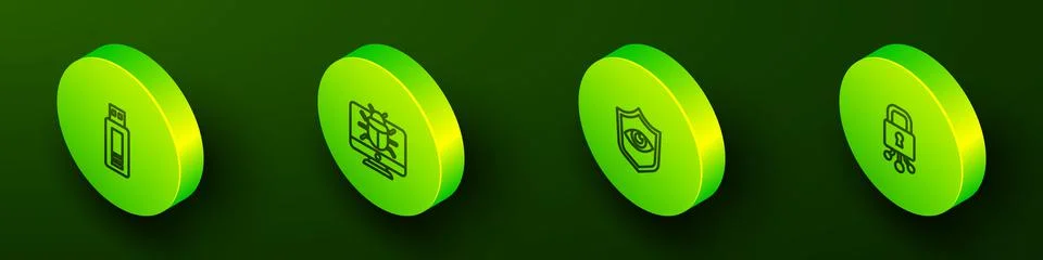 Set Isometric line USB flash drive, System bug on monitor, Shield and eye and Stock Illustration