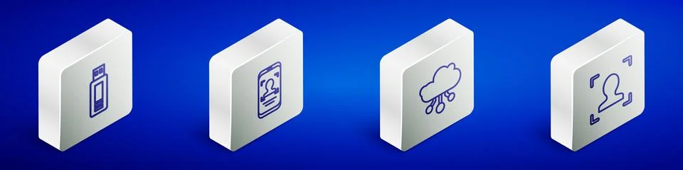 Set Isometric line USB flash drive, Mobile and face recognition, Internet of  Stock Illustration