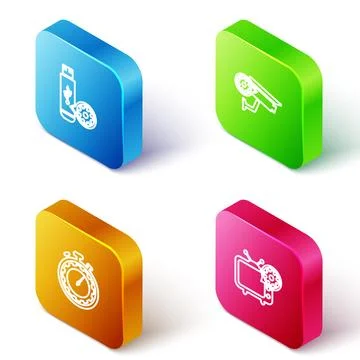 Set Isometric line USB flash drive setting, Security camera, Time management  Illustrazione stock
