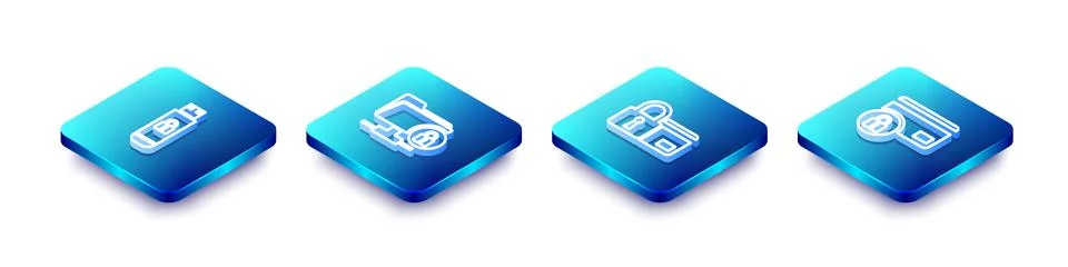 Set Isometric line USB flash drive with lock, FTP folder and, Credit card and Stock Illustration