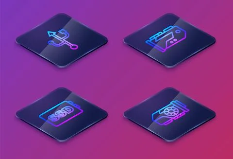Set Isometric line USB, SSD card, Video graphic and . Blue square button. Vec Illustrazione stock