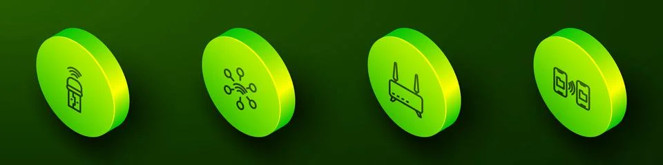 Set Isometric line Usb wireless adapter, Network, Router and wi-fi signal and Illustrazione stock