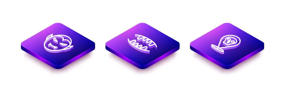 Set Isometric line Vampire, teeth and Skull icon. Vector Stock Illustration