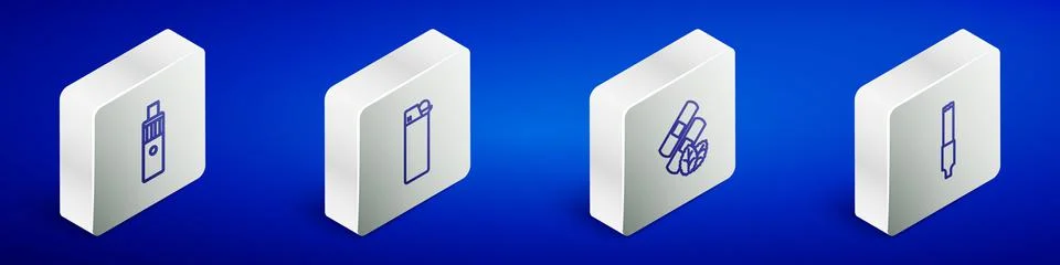 Set Isometric line Vape mod device, Lighter, Medical nicotine patches and Cig Illustrazione stock