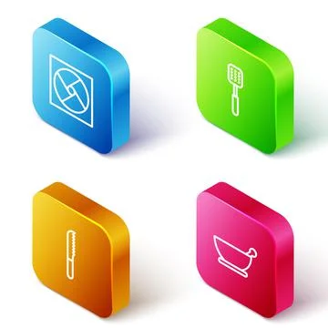 Set Isometric line Ventilation, Spatula, Bread knife and Mortar and pestle icon Stock Illustration